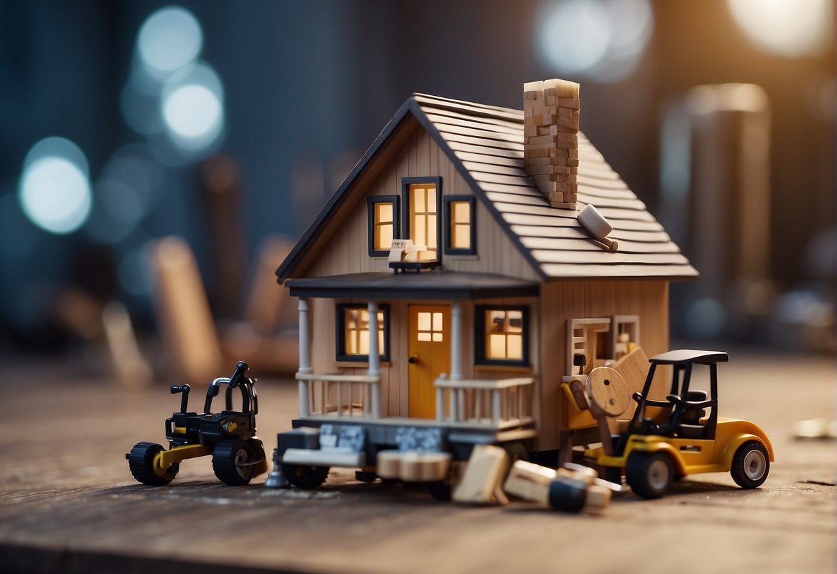 A tiny house under construction with tools and materials scattered around. A price tag with a question mark hovers above the house