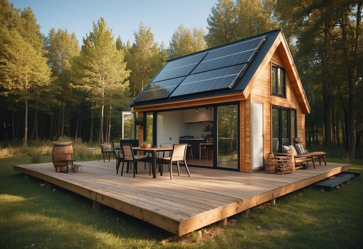A tiny house with efficient space use, solar panels, and multi-functional furniture in a natural setting