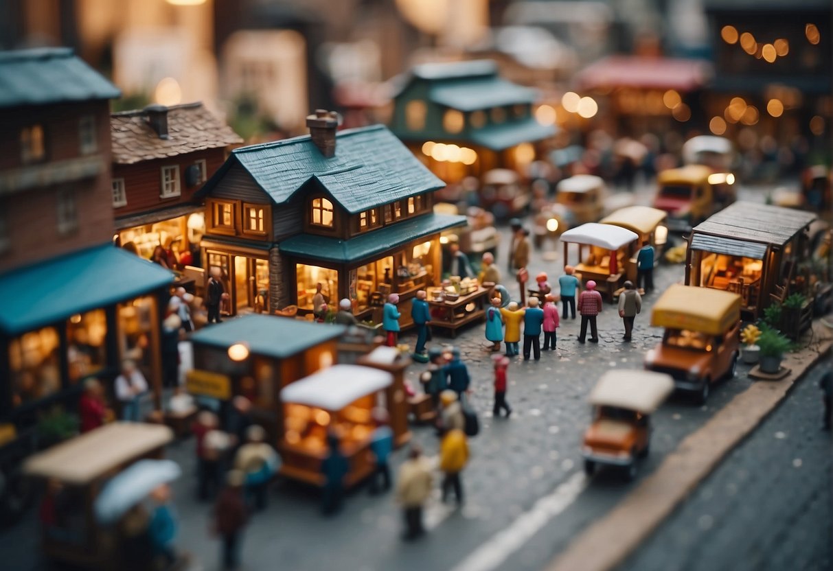 A bustling street market with colorful signs and tiny house models on display, surrounded by curious shoppers and vendors
