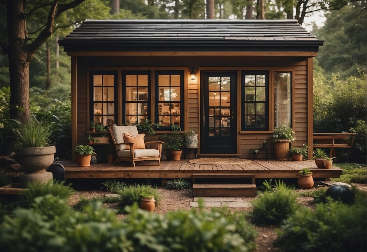 A cozy tiny house nestled in a lush, peaceful setting with a welcoming front porch and large windows