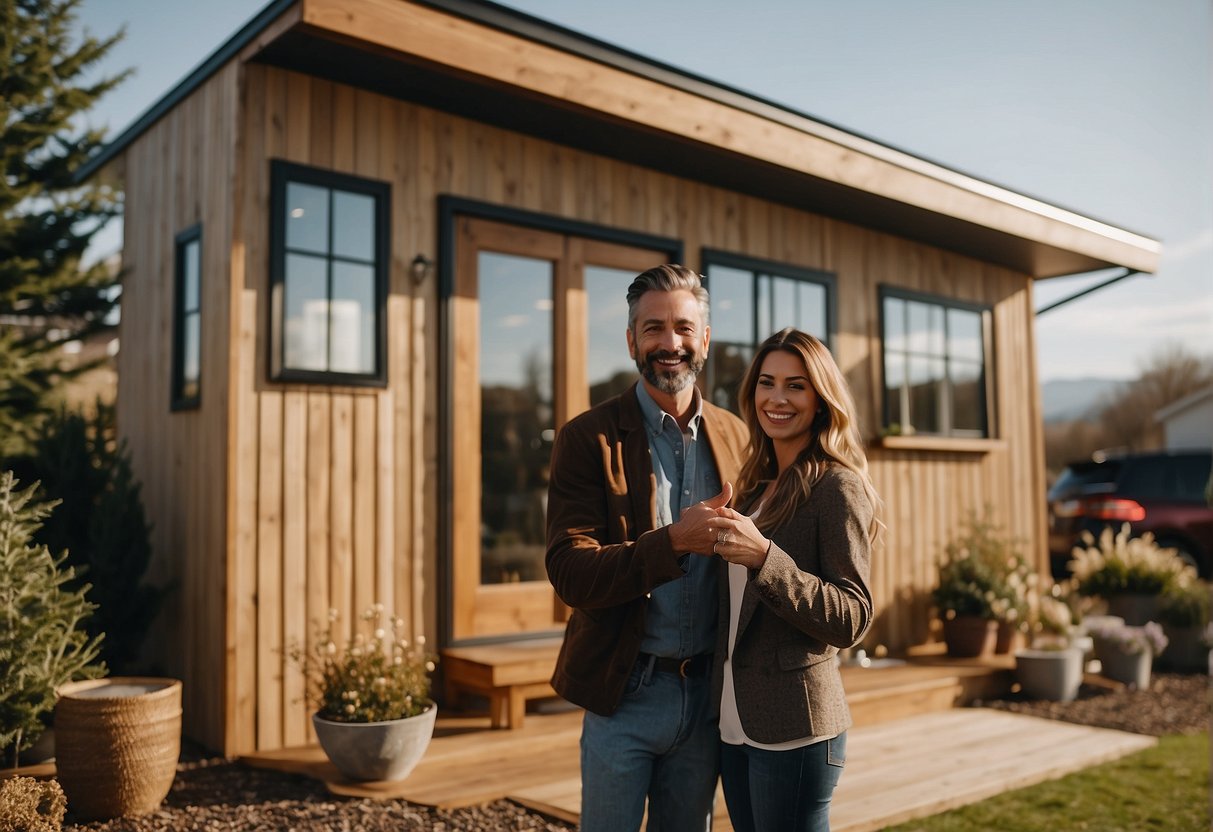 A couple stands outside a tiny house showroom, pointing at different models. A sign reads "Where to buy a tiny house."