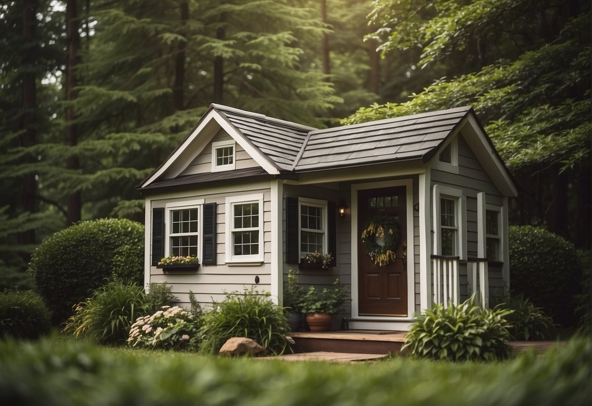 A small, cozy tiny house surrounded by lush greenery, with a sign indicating "Frequently Asked Questions: Where to buy a tiny house" displayed prominently in front