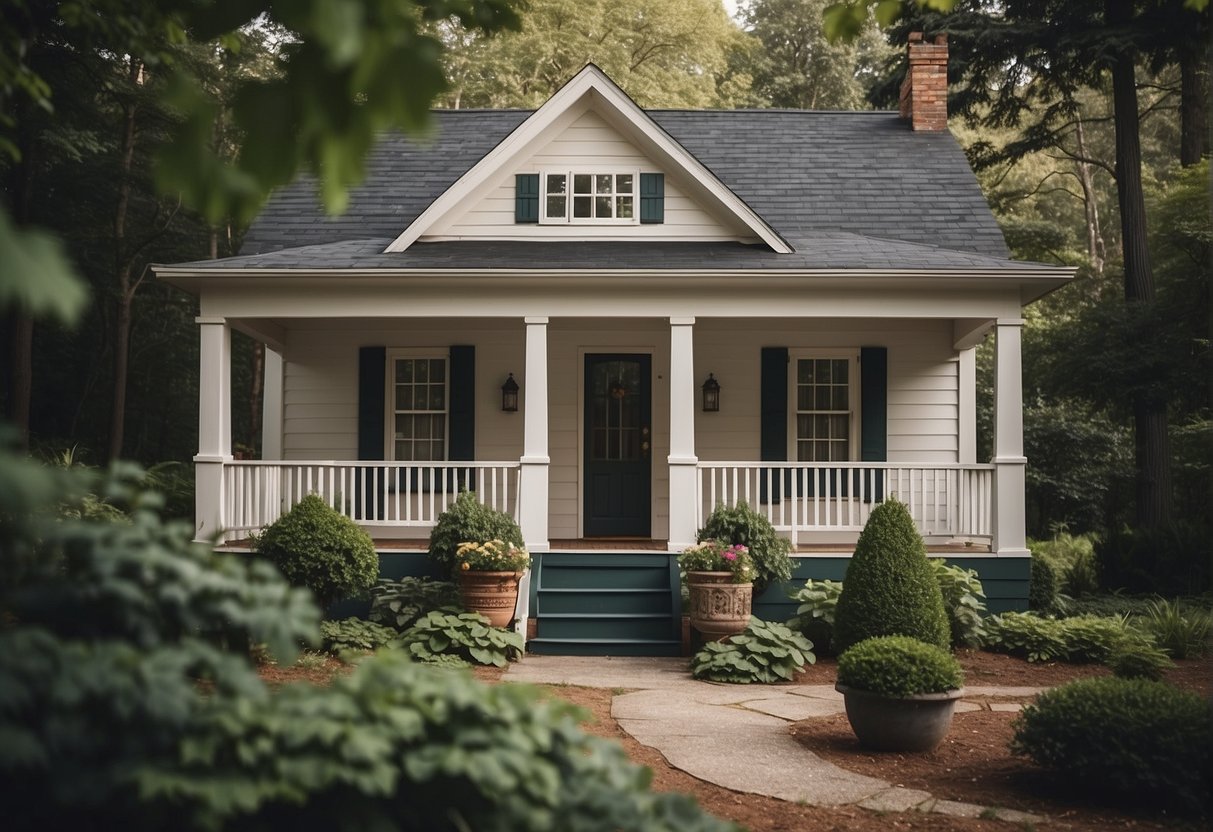 A small, cozy house nestled among towering trees, with a charming front porch and a compact, yet functional, interior