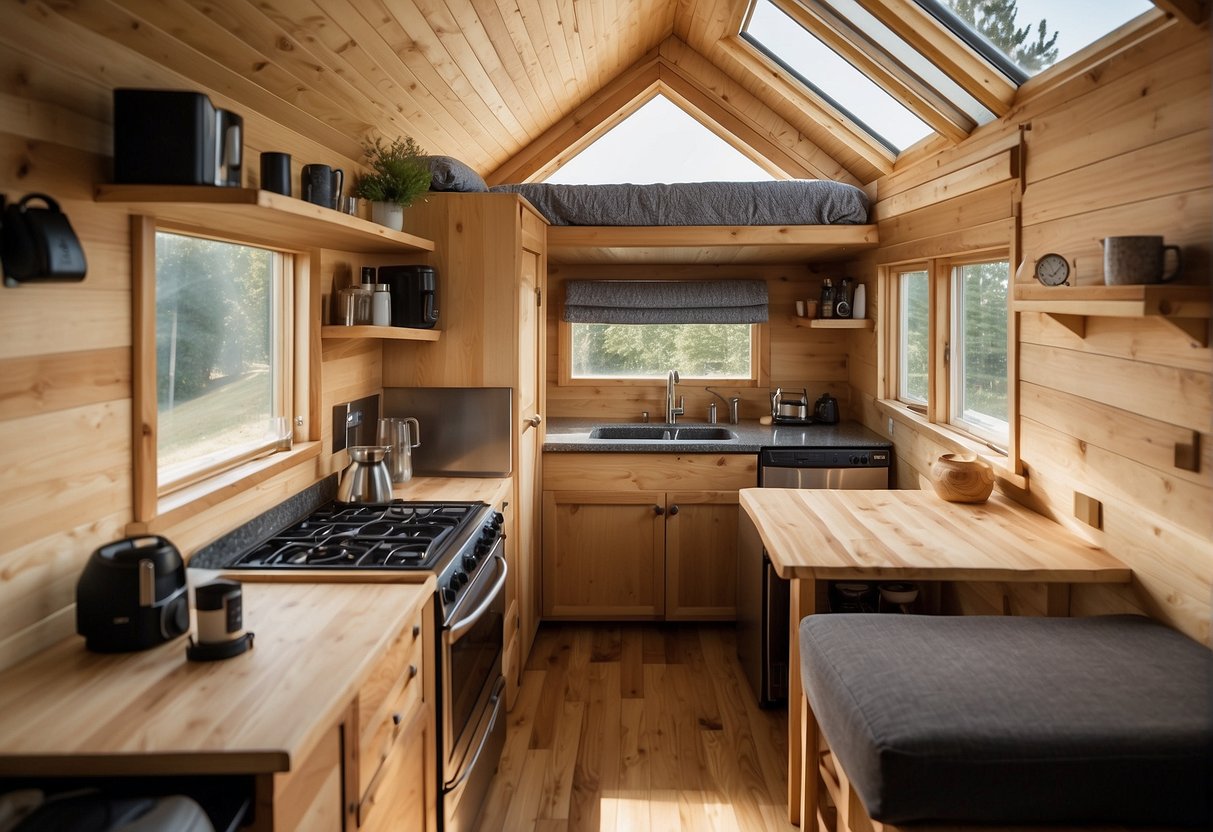 A small, cozy tiny house, no larger than 400 square feet, with a loft bedroom, compact kitchen, and efficient storage solutions