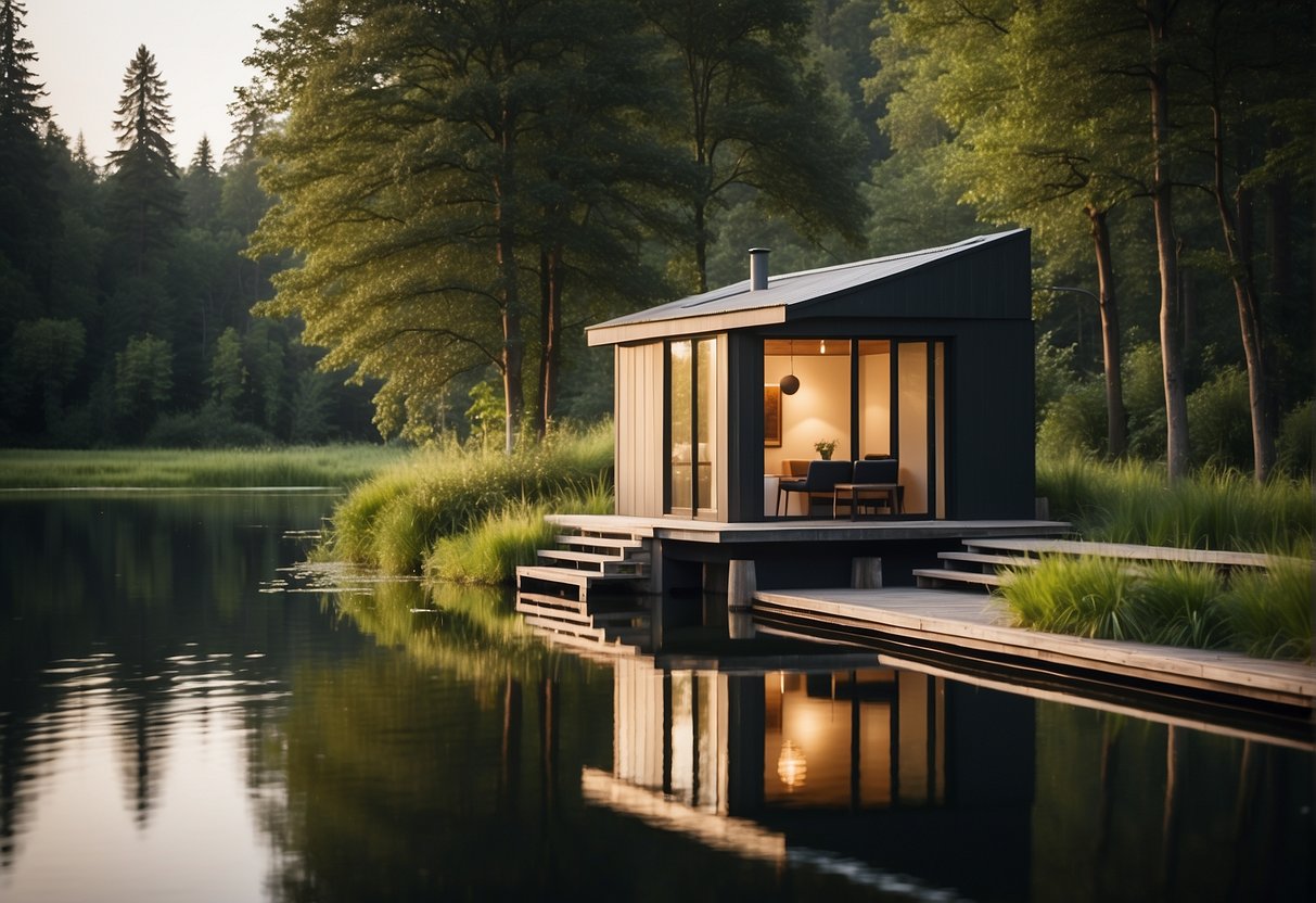 A tiny house sits nestled in a lush, green landscape, surrounded by towering trees and a serene pond, showcasing the simplicity and tranquility of minimalist living