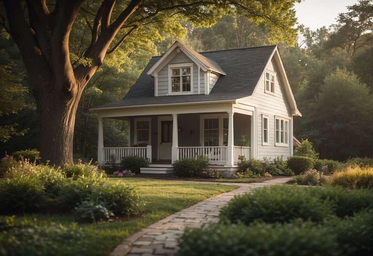 A small, quaint house nestled among trees, with a cozy front porch and a tiny garden in front. The house appears to be no larger than a single room