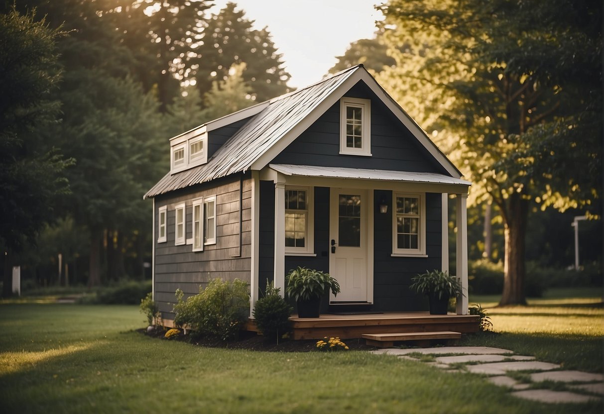 A tiny house sits on a grassy lot, surrounded by trees. A "For Sale" sign is visible, and the house's exterior features a modern design with large windows and a small porch