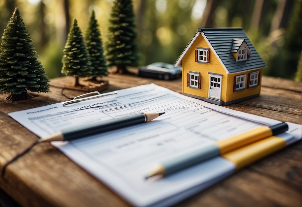 The tiny house sits on a 400 sq ft lot, surrounded by trees. A budget spreadsheet and a calculator are on the table, with a pencil and ruler nearby