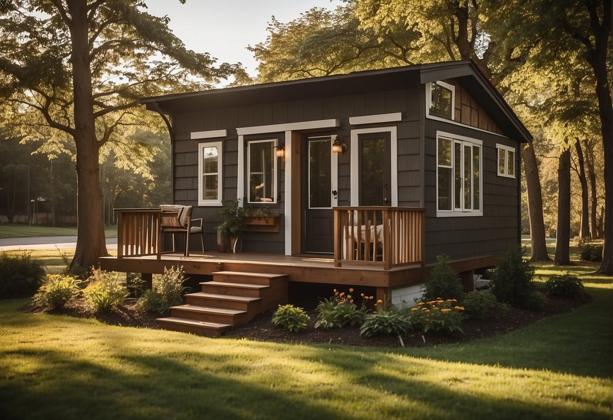 A tiny house sits on a grassy lot, surrounded by trees. The sun shines down on the 400 sq ft structure, casting shadows across the front porch