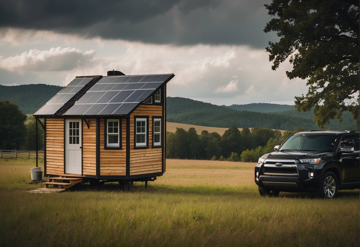 Tiny house in rural Georgia, surrounded by rolling hills and farmland. A small, cozy structure with solar panels and rainwater collection system