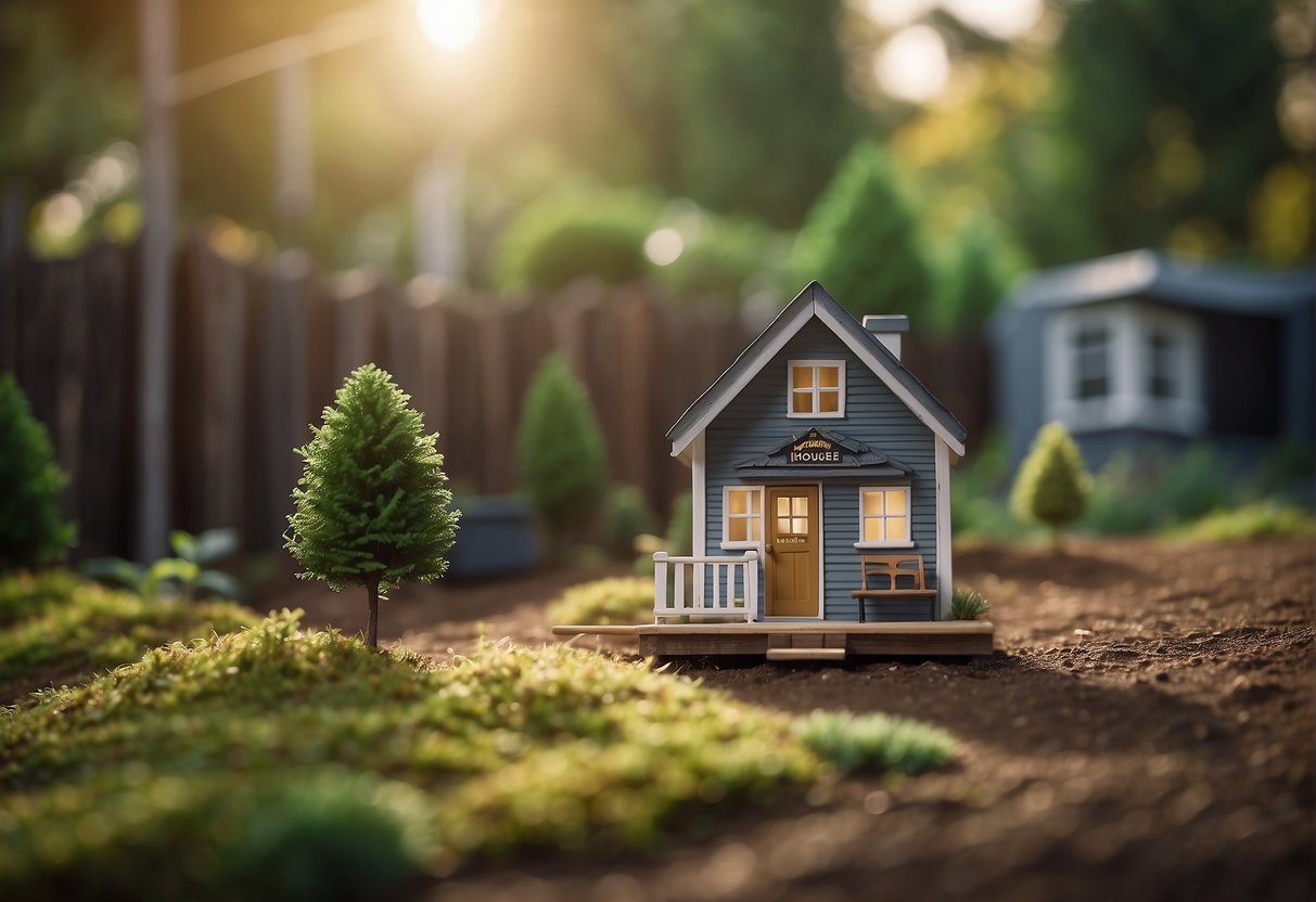 A small plot of land with a tiny house nestled among trees, surrounded by a fence, with a sign reading "Tiny House Property."