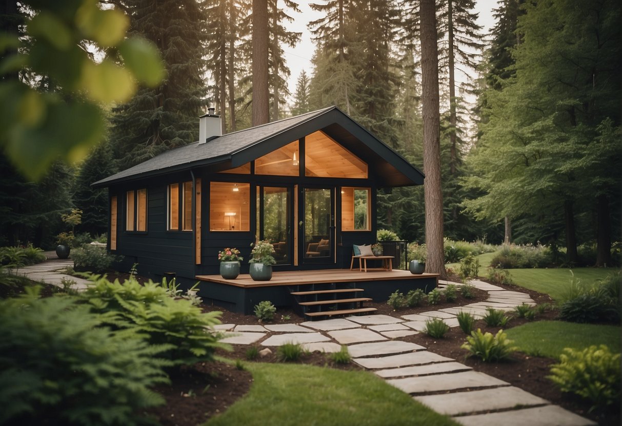 A small, sleek tiny house sits nestled among tall trees on a spacious property, surrounded by a well-maintained garden and a winding pathway leading up to the front door