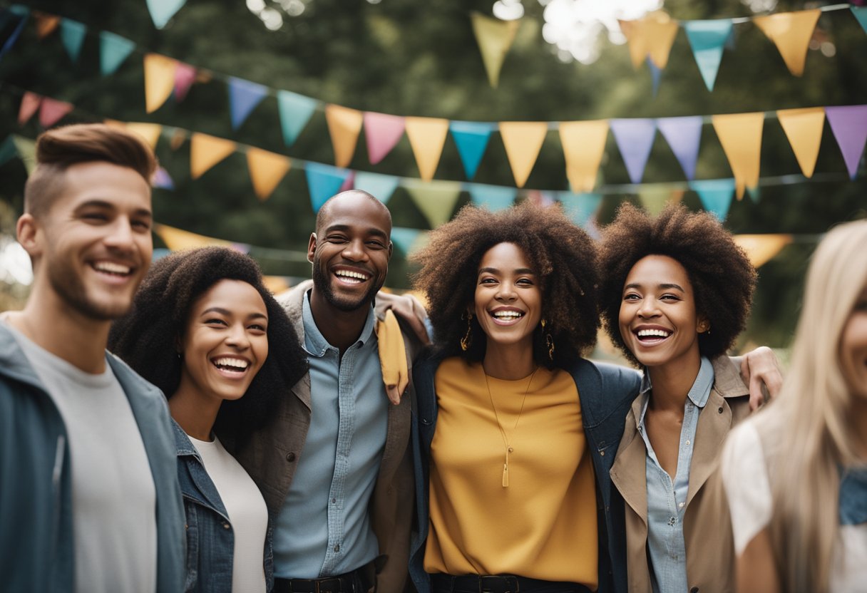 A diverse group of people smiling and laughing together in a park, surrounded by colorful banners and positive messages