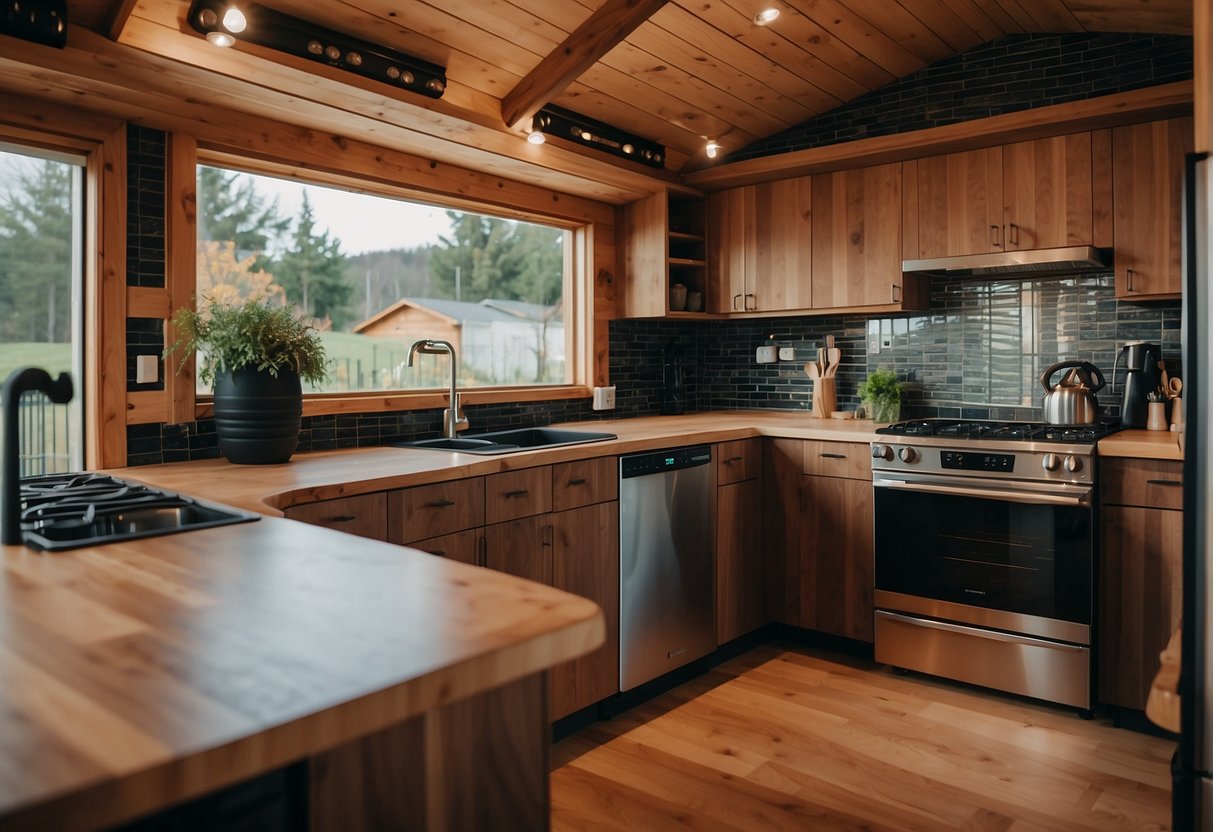 The focus is on the intricate details of a tiny house's custom-built kitchen, showcasing the high-end appliances and luxurious finishes that make it the most expensive part of the home