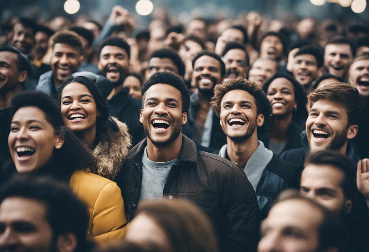 A crowd of diverse people smiling and cheering, surrounded by a storm of conflicting opinions and debates