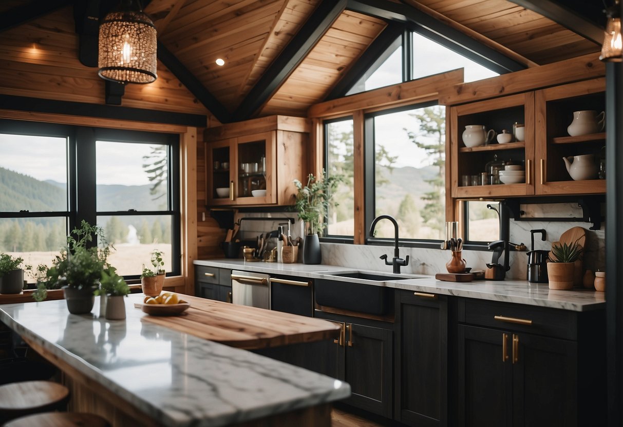 A tiny house with a luxurious, custom-built kitchen featuring high-end appliances, marble countertops, and intricate detailing