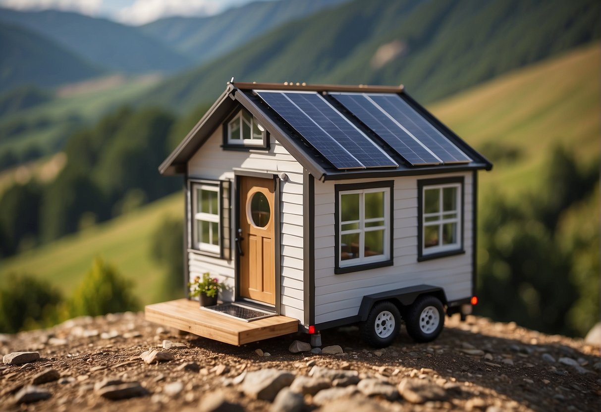 The tiny house stands against a backdrop of rolling hills, with a focus on the intricate details of the roof and solar panels, emphasizing their importance and high cost