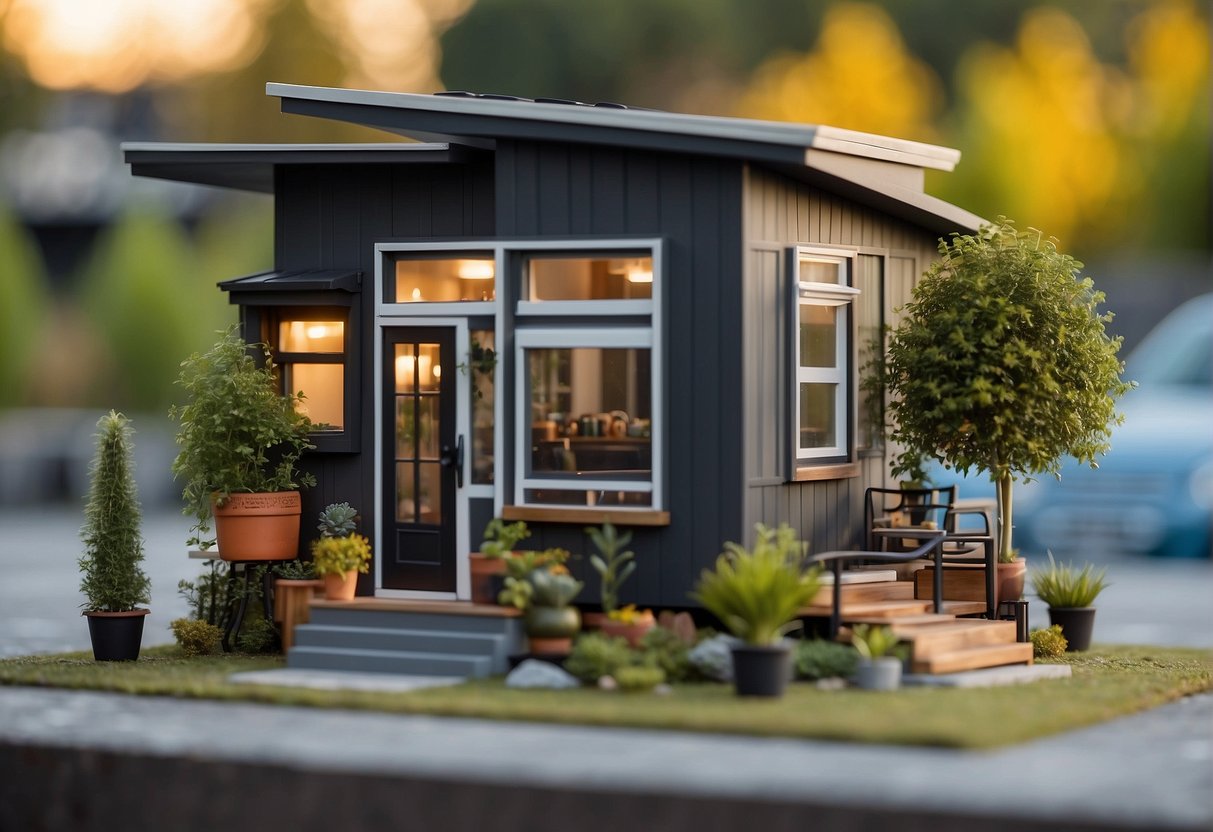The largest tiny home stands tall among smaller ones, showcasing its spacious layout and modern design