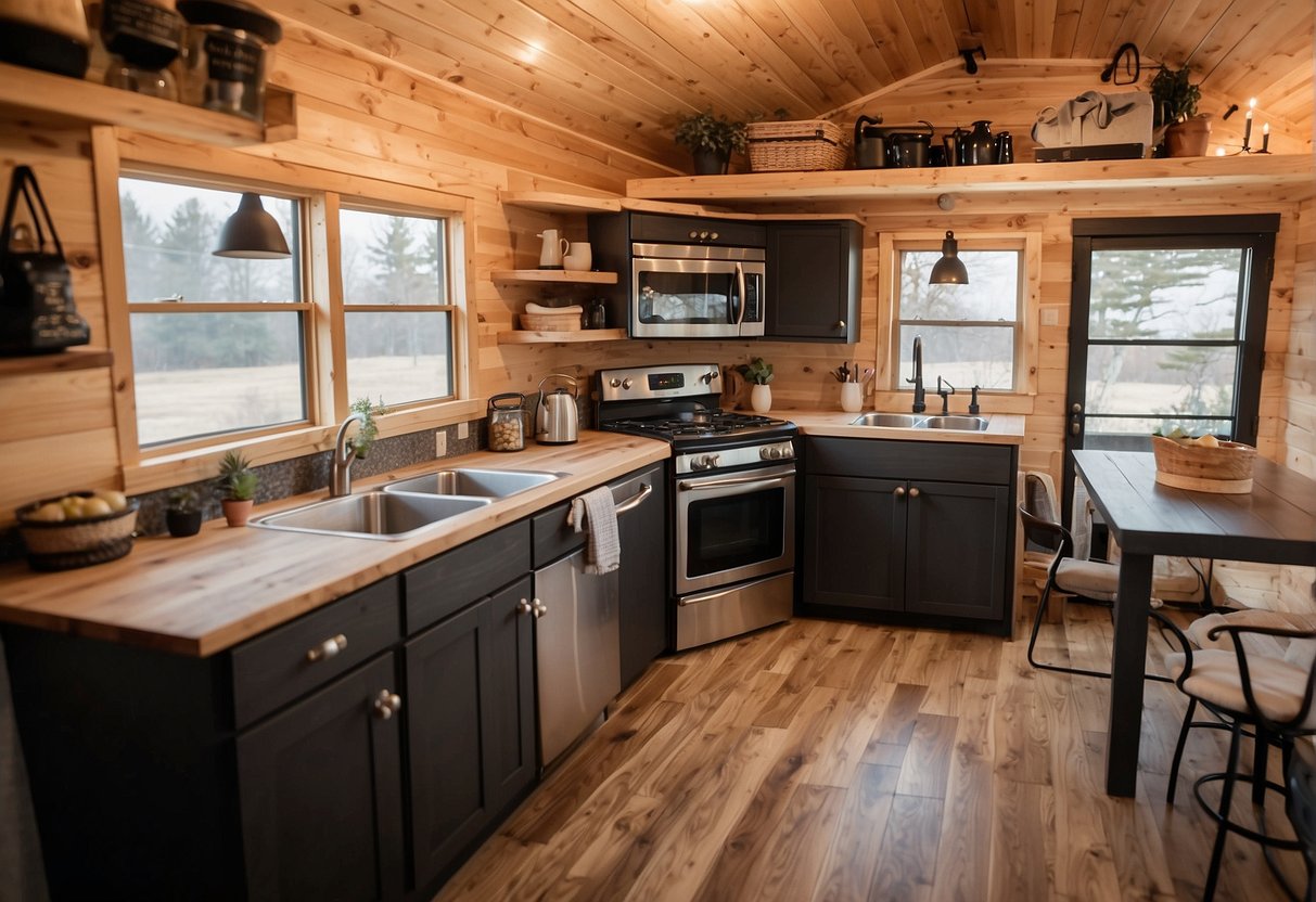 The largest tiny home measures 500 square feet, with a loft and open floor plan. It features large windows, a spacious kitchen, and a cozy living area