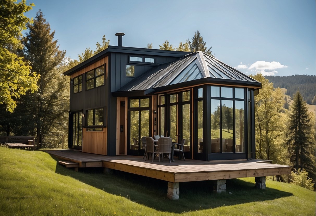 A sprawling tiny house sits atop a lush green hill, surrounded by towering trees and a clear blue sky. The house is adorned with large windows and a spacious outdoor deck, giving the impression of living large in a small space