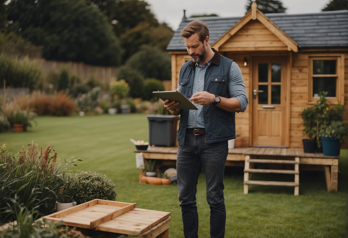 A tiny house sits on a grassy plot in the UK. A builder stands nearby, holding a clipboard and discussing costs with a potential client