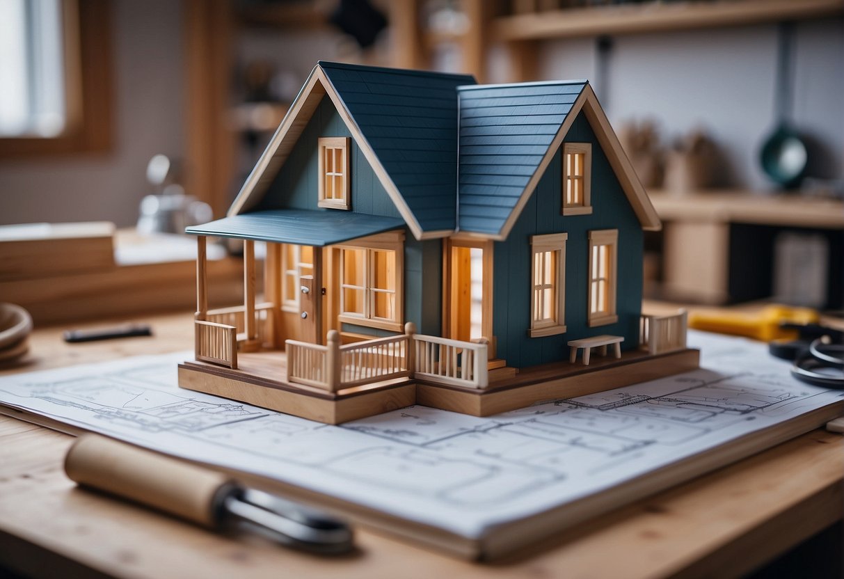 A tiny house blueprint with cost breakdowns on a desk, surrounded by construction materials and tools