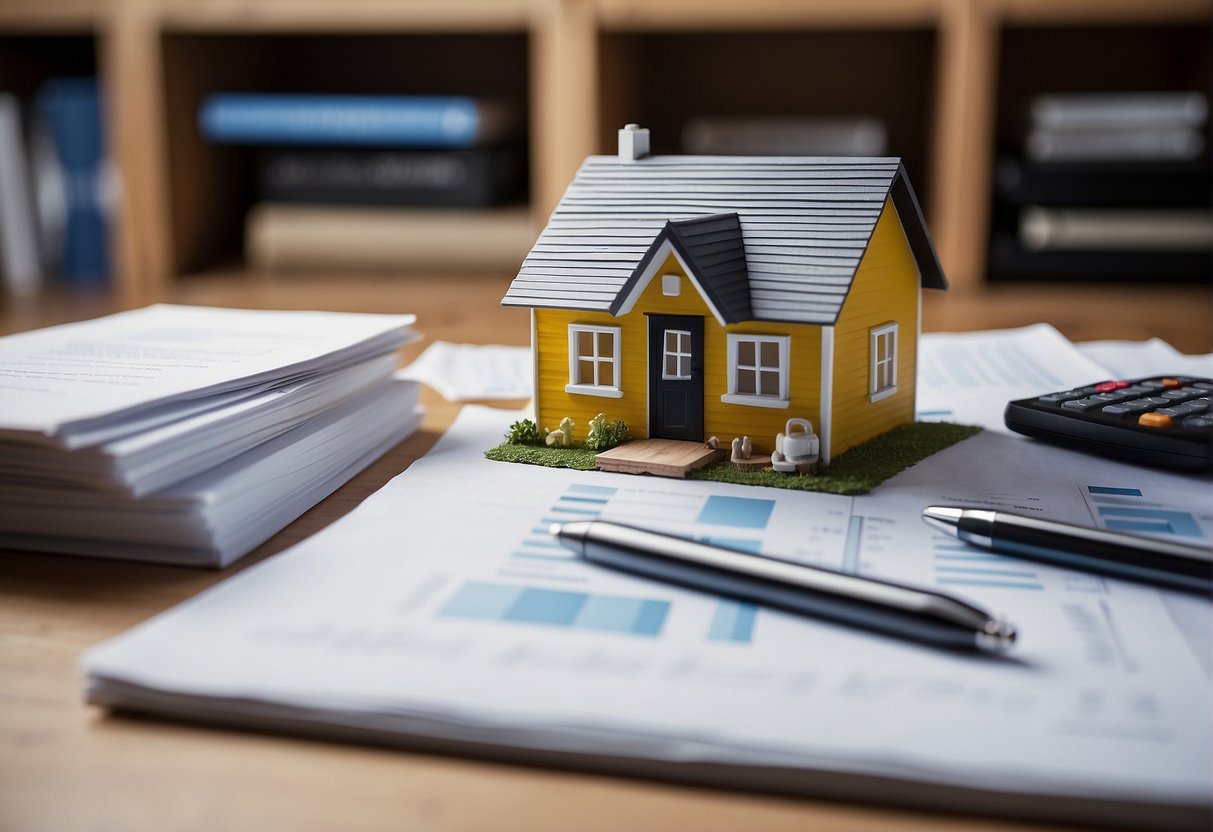 A tiny house surrounded by UK legal and environmental documents with a cost breakdown chart