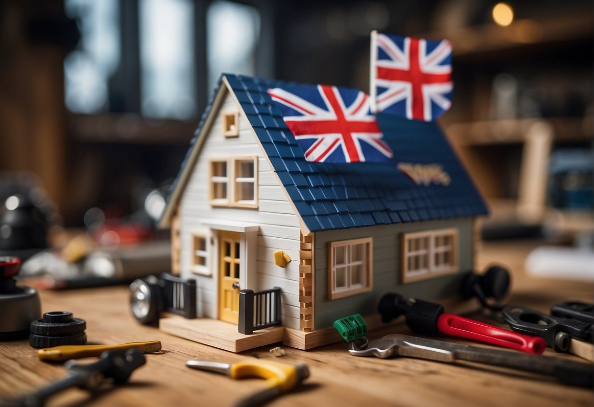 A tiny house under construction with a UK flag in the background. Materials and tools scattered around