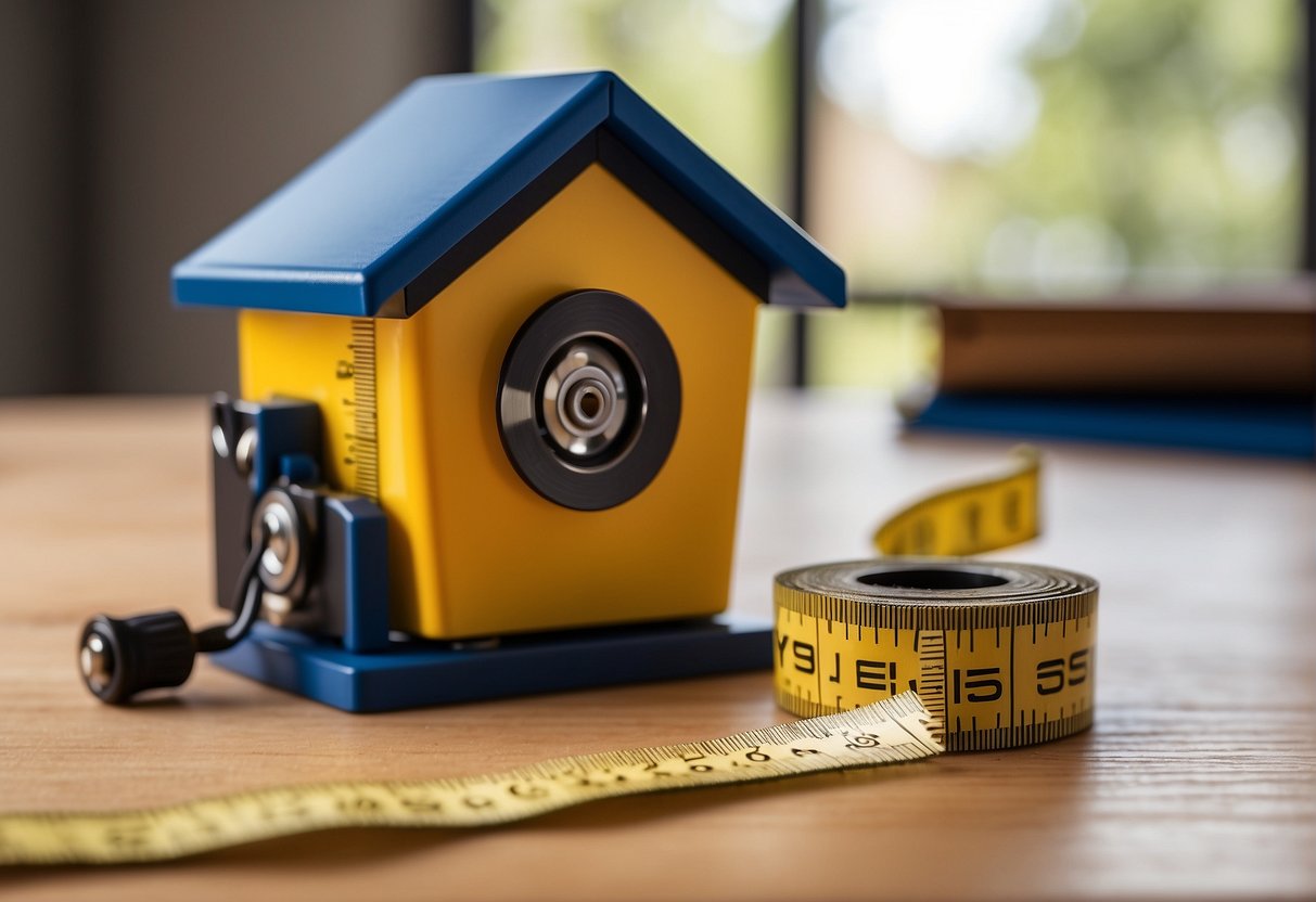 A tape measure lies next to a blueprint of a tiny home, with a pencil and calculator nearby. A sign reads "Cheapest Tiny Home Build."