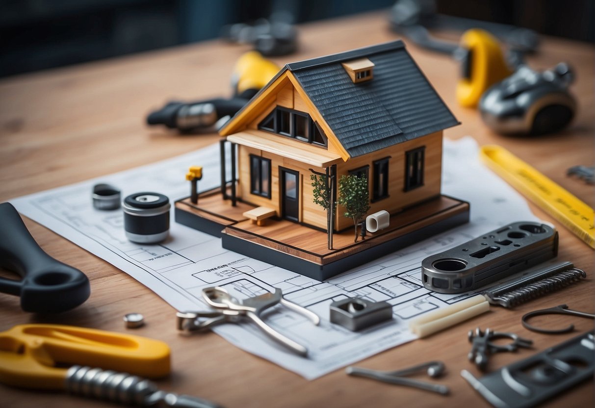 A tiny house blueprint with cost-saving strategies, surrounded by construction tools and materials. A price tag with "cheapest build cost" is highlighted