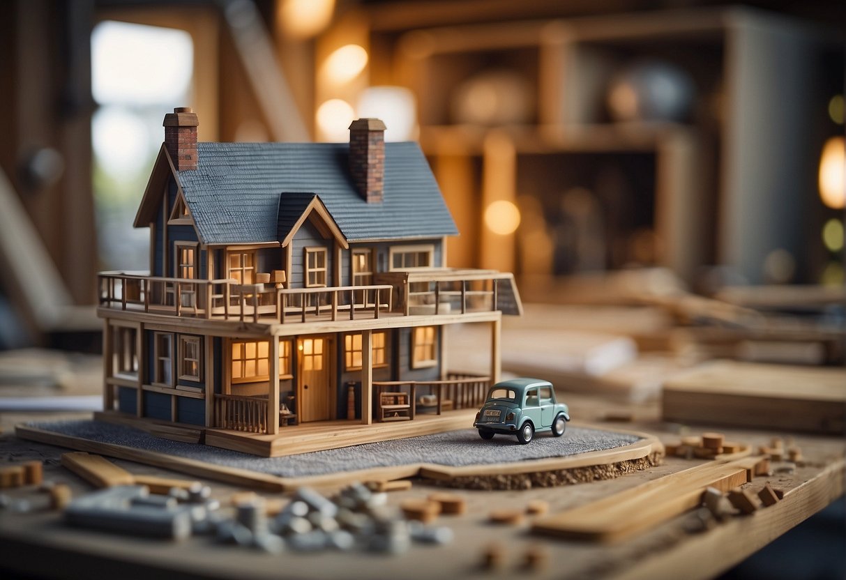 A small, simple tiny home being constructed with a sign that reads "Cheapest Price" displayed prominently