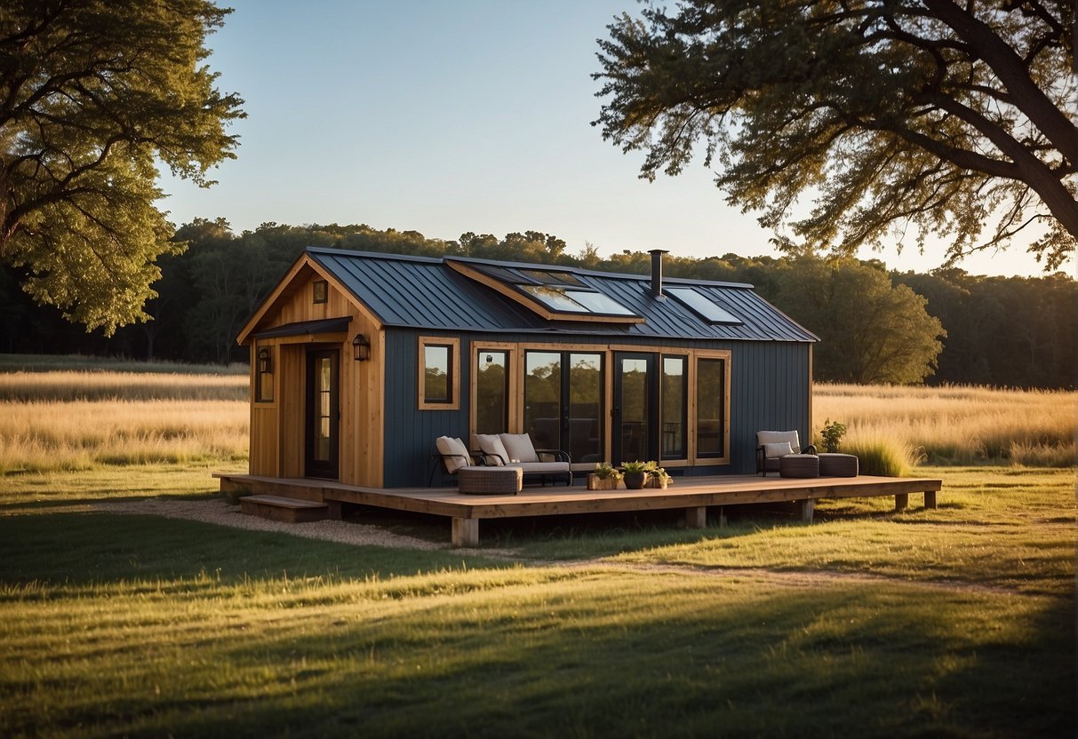 A tiny home sits on a spacious Texas property, surrounded by rolling hills and a clear blue sky. The home is modern and well-maintained, with large windows and a cozy outdoor seating area