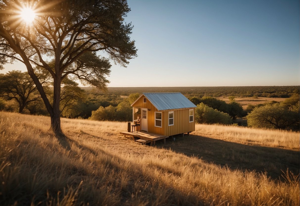 A tiny home sits against the backdrop of the Texas landscape, with a clear view of the surrounding area. The sun shines down, casting a warm glow on the home's exterior