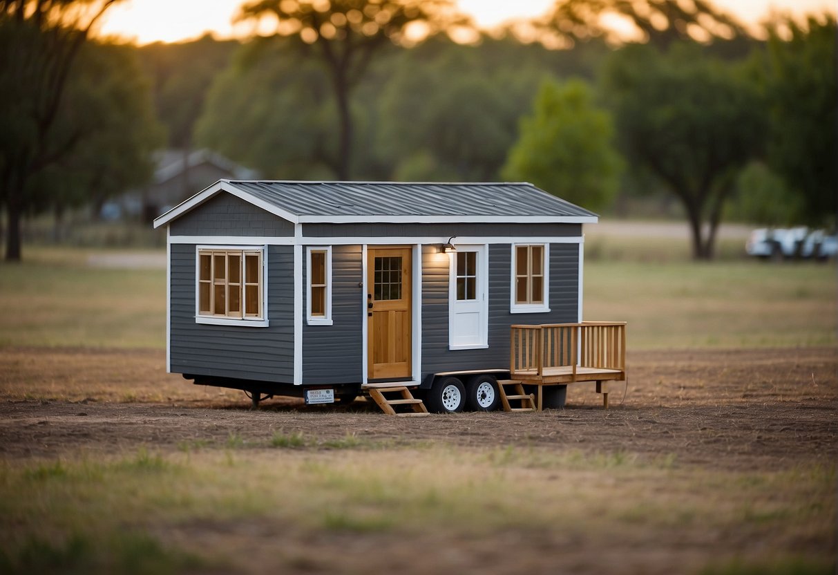 A tiny home sits on a spacious Texas property, surrounded by regulations and practical considerations. The cost is a focal point, with a mix of urban and rural elements in the background