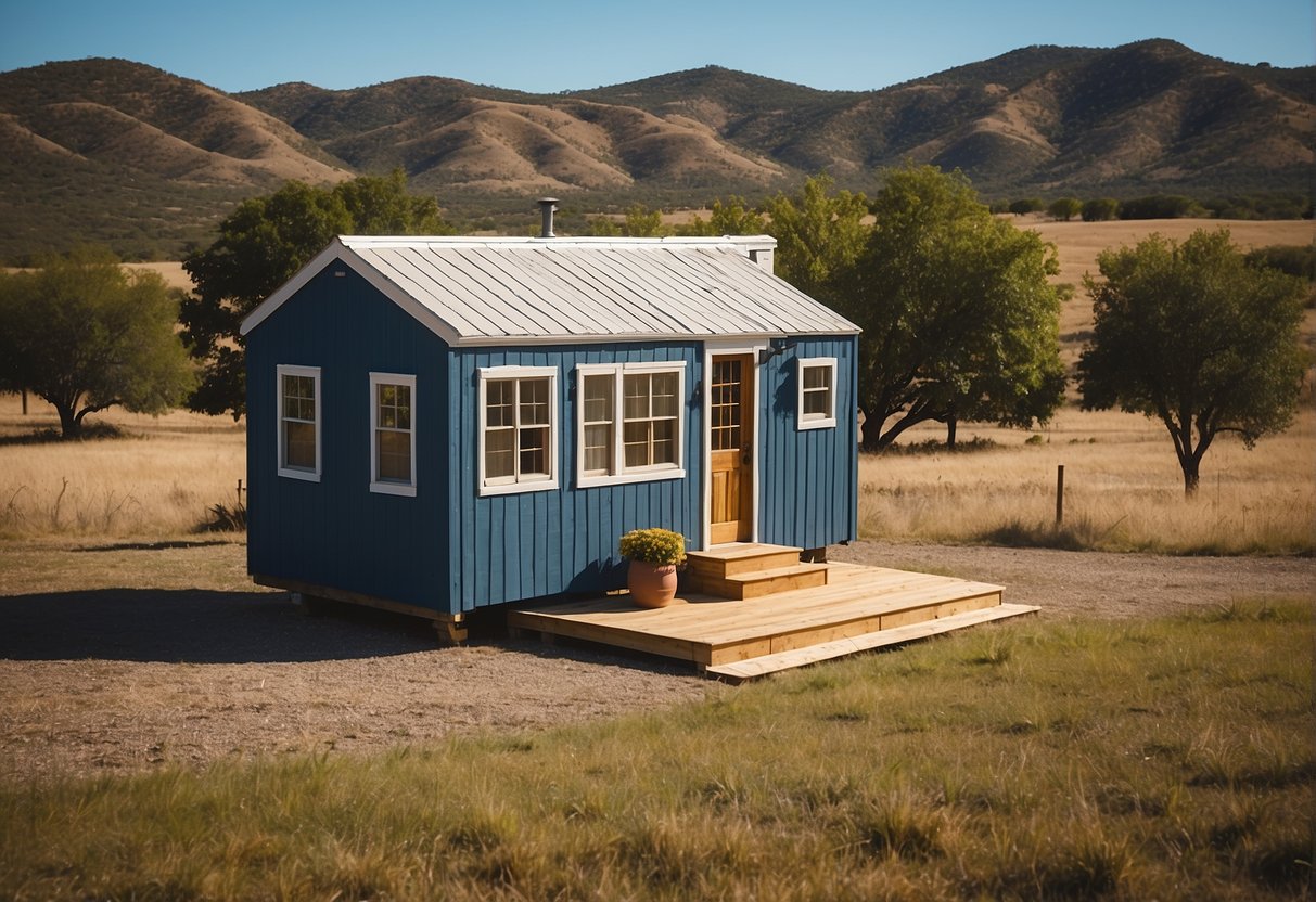 A tiny home sits in a Texas landscape, with a clear blue sky and rolling hills in the background. A sign with "Frequently Asked Questions" and "How much do tiny homes cost in Texas?" is displayed prominently in the foreground