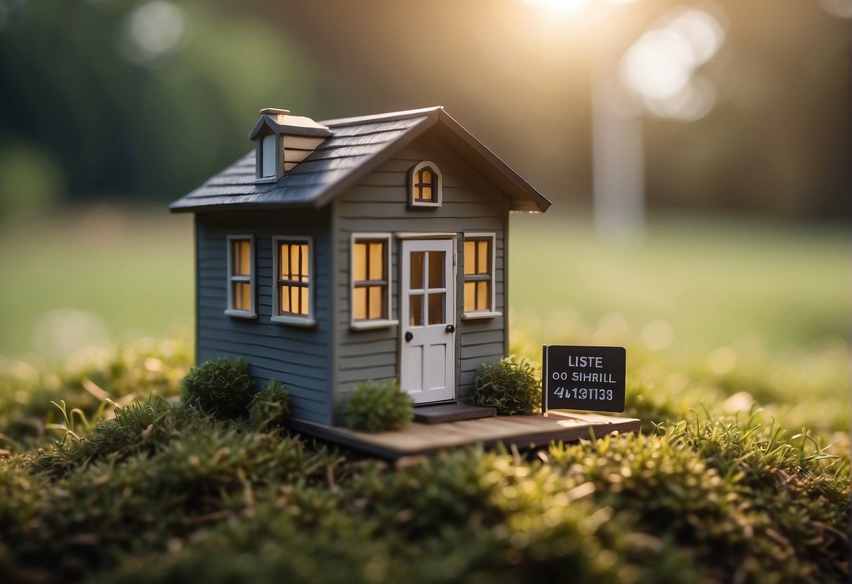 A tiny house sits on a grassy lot with a price tag displayed in front