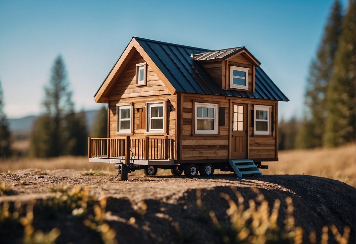 A tiny house sits on a plot of land, surrounded by trees and a clear blue sky. A cost breakdown chart is displayed nearby, listing the expenses involved in building and owning a tiny house in the USA