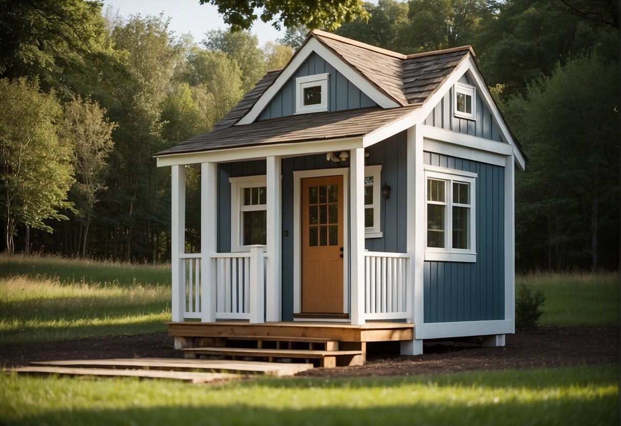 A tiny house sits on a spacious lot in the USA, surrounded by trees and nature. The exterior is simple and compact, with large windows and a small porch