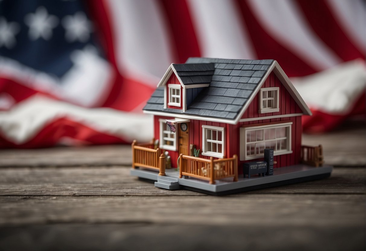 A tiny house sits against a backdrop of the American flag, with a price tag hovering above it