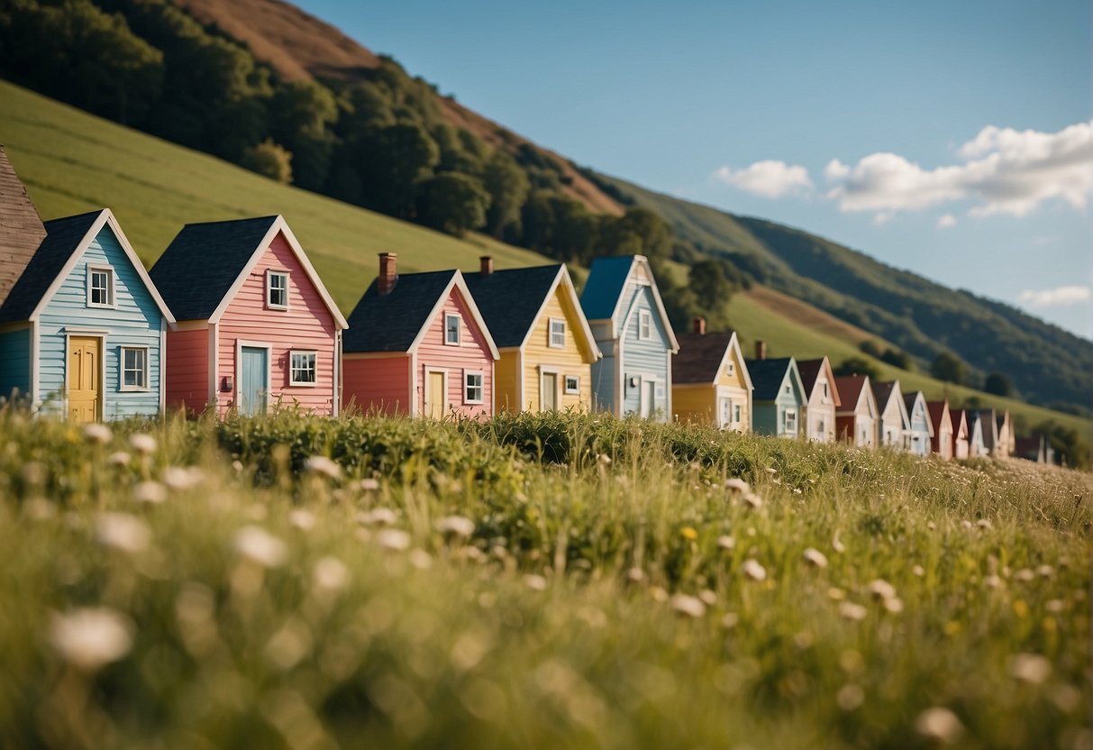 A row of colorful, compact houses nestled in a serene countryside, with rolling hills and a clear blue sky in the background