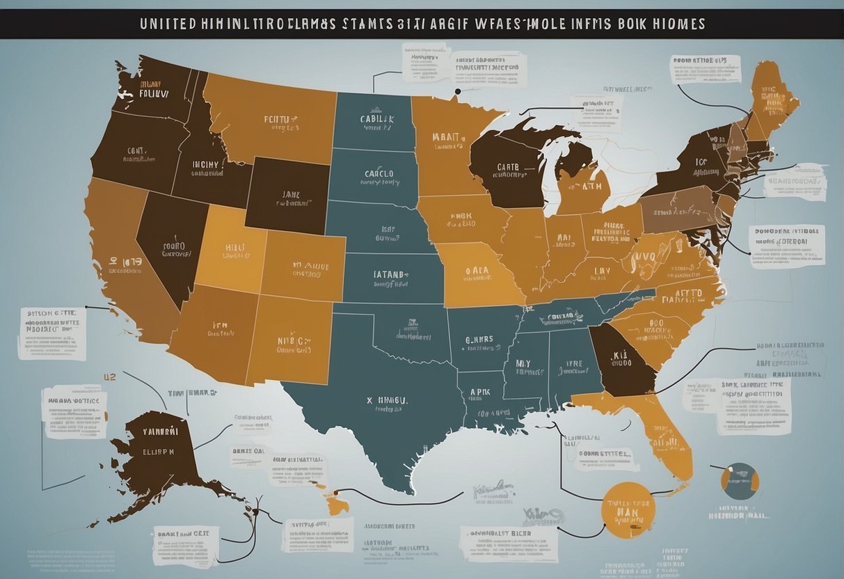 A map of the United States with labeled states and their respective average costs of tiny homes