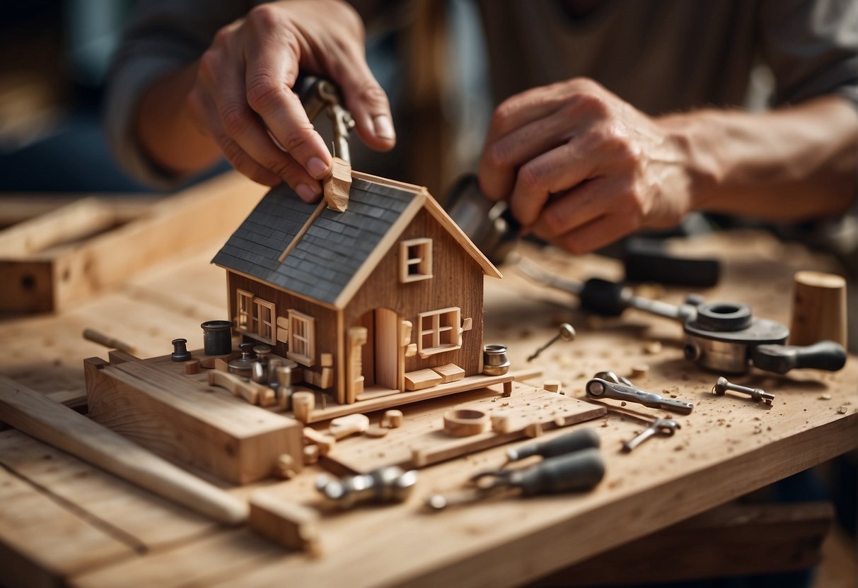 A person constructing a small house on wheels, hammering nails into wooden boards, with tools and building materials scattered around