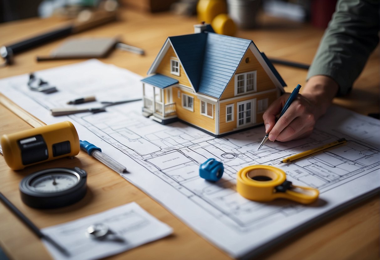 A person sketches blueprints for a tiny home, surrounded by tools, materials, and a tape measure