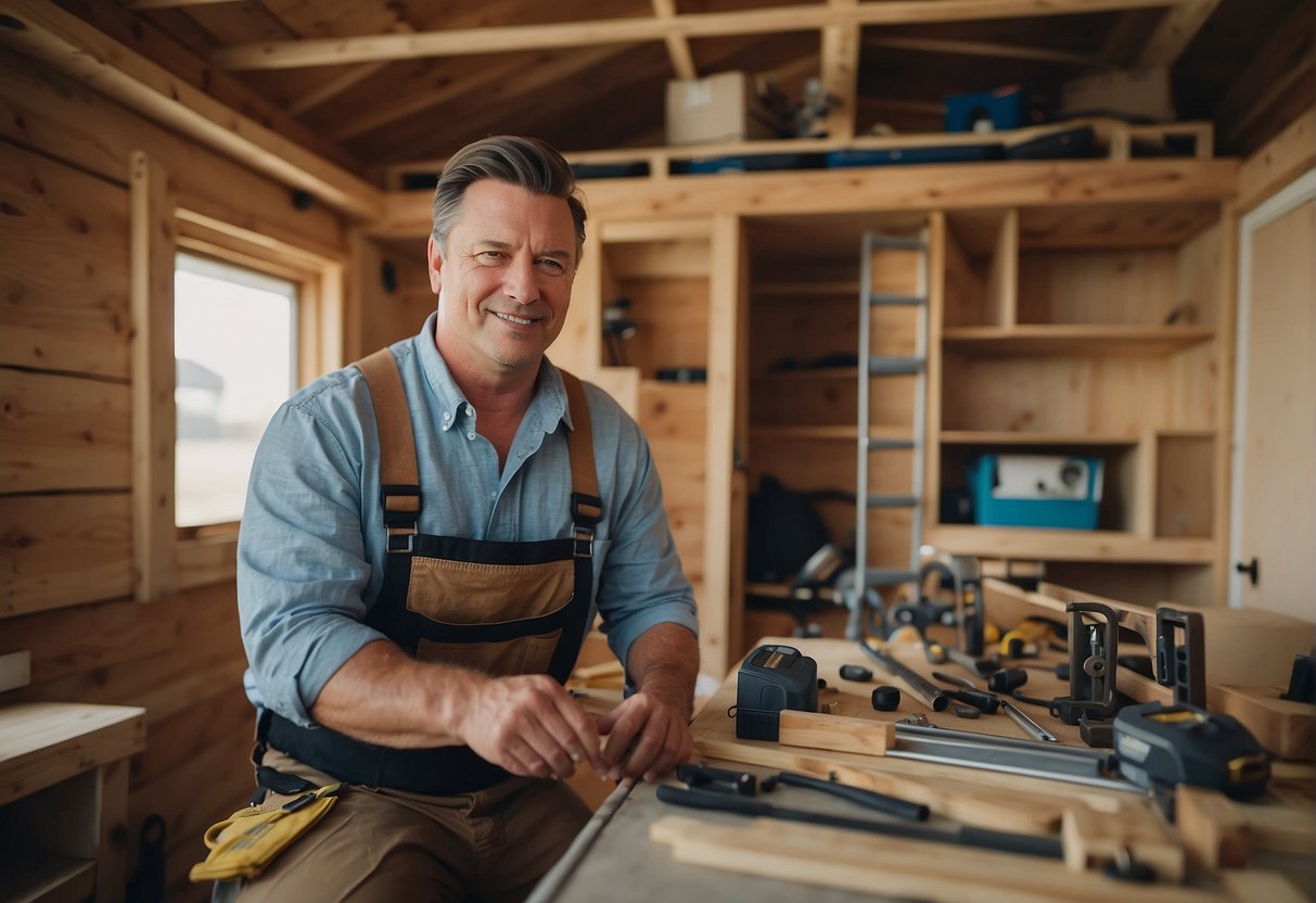 A person constructing a tiny home, surrounded by tools, materials, and blueprints, with a determined expression on their face