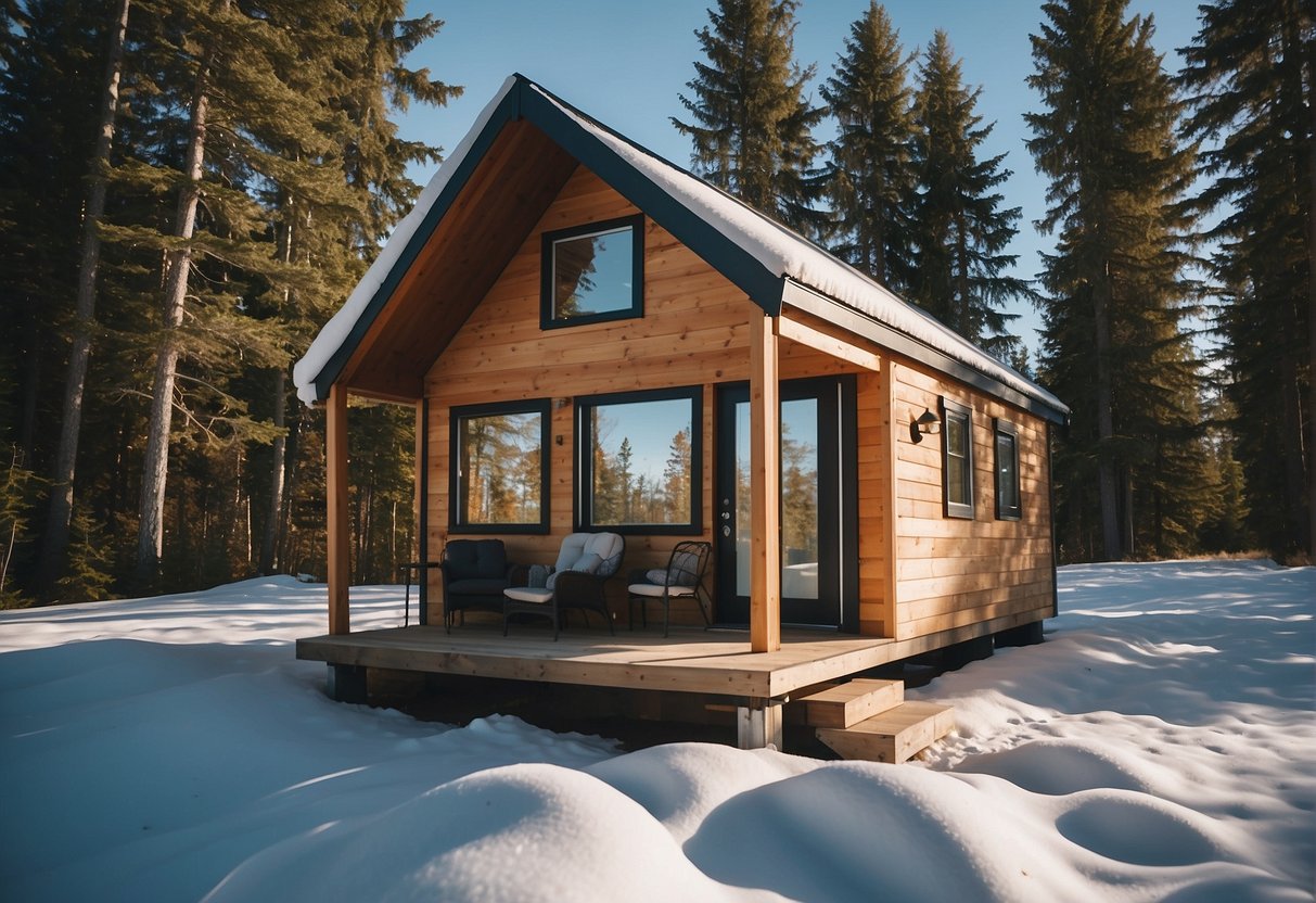 A tiny house sits on a peaceful Canadian landscape, surrounded by trees and a clear blue sky. The house is simple, yet charming, with a small porch and large windows, giving off a cozy and inviting vibe