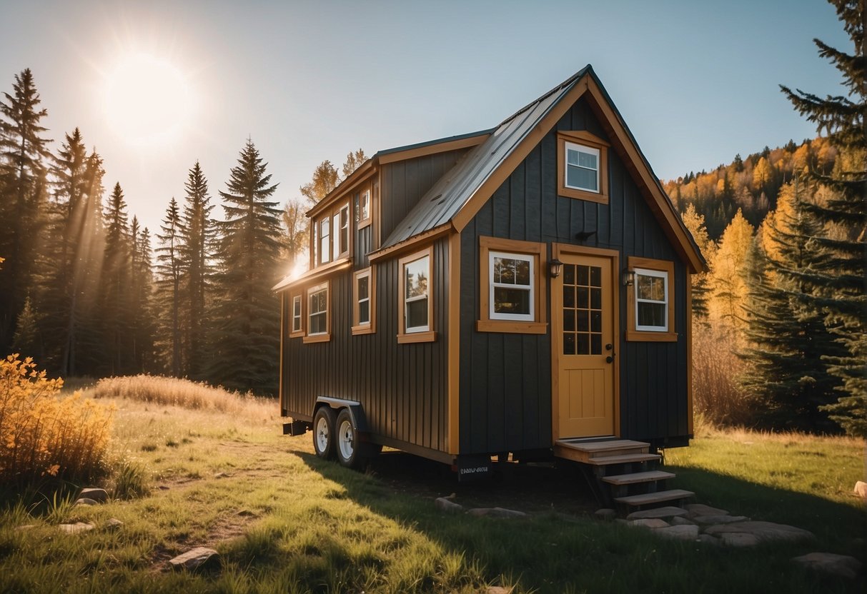 A tiny house sits on a serene Canadian landscape, surrounded by nature. The sun shines down on the cozy dwelling, highlighting its simple yet inviting design