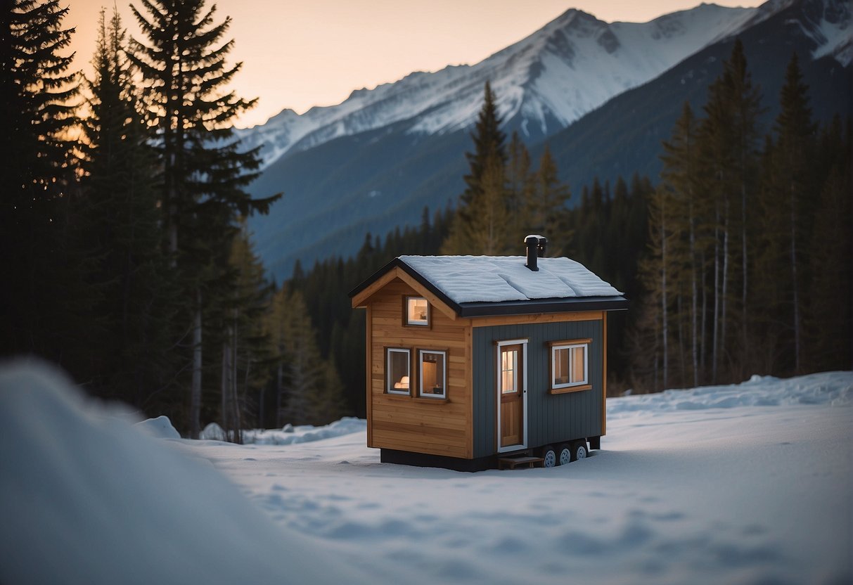 A tiny house sits against a backdrop of Canadian scenery, with snow-capped mountains in the distance. The house is small, but cozy, with a warm glow emanating from the windows