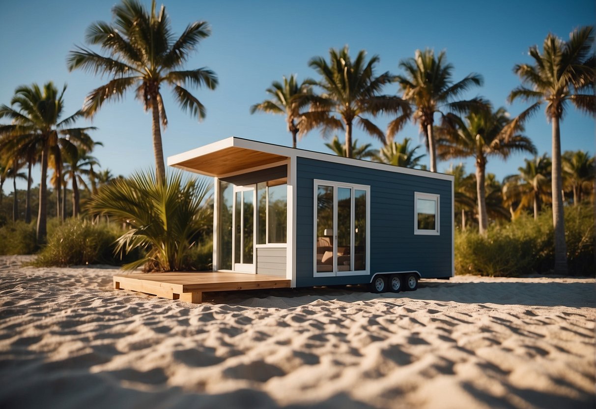A tiny house sits on a sandy lot in sunny Florida, surrounded by palm trees and a clear blue sky. The house is compact, with a modern design and large windows, blending seamlessly into the tropical landscape