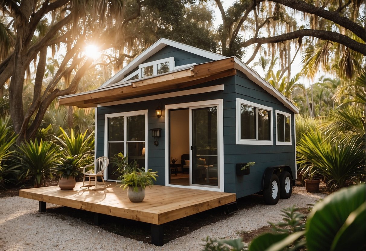 A tiny house sits on a spacious lot in Florida, surrounded by lush greenery and sunshine. The house is compact yet stylish, with large windows and a modern design