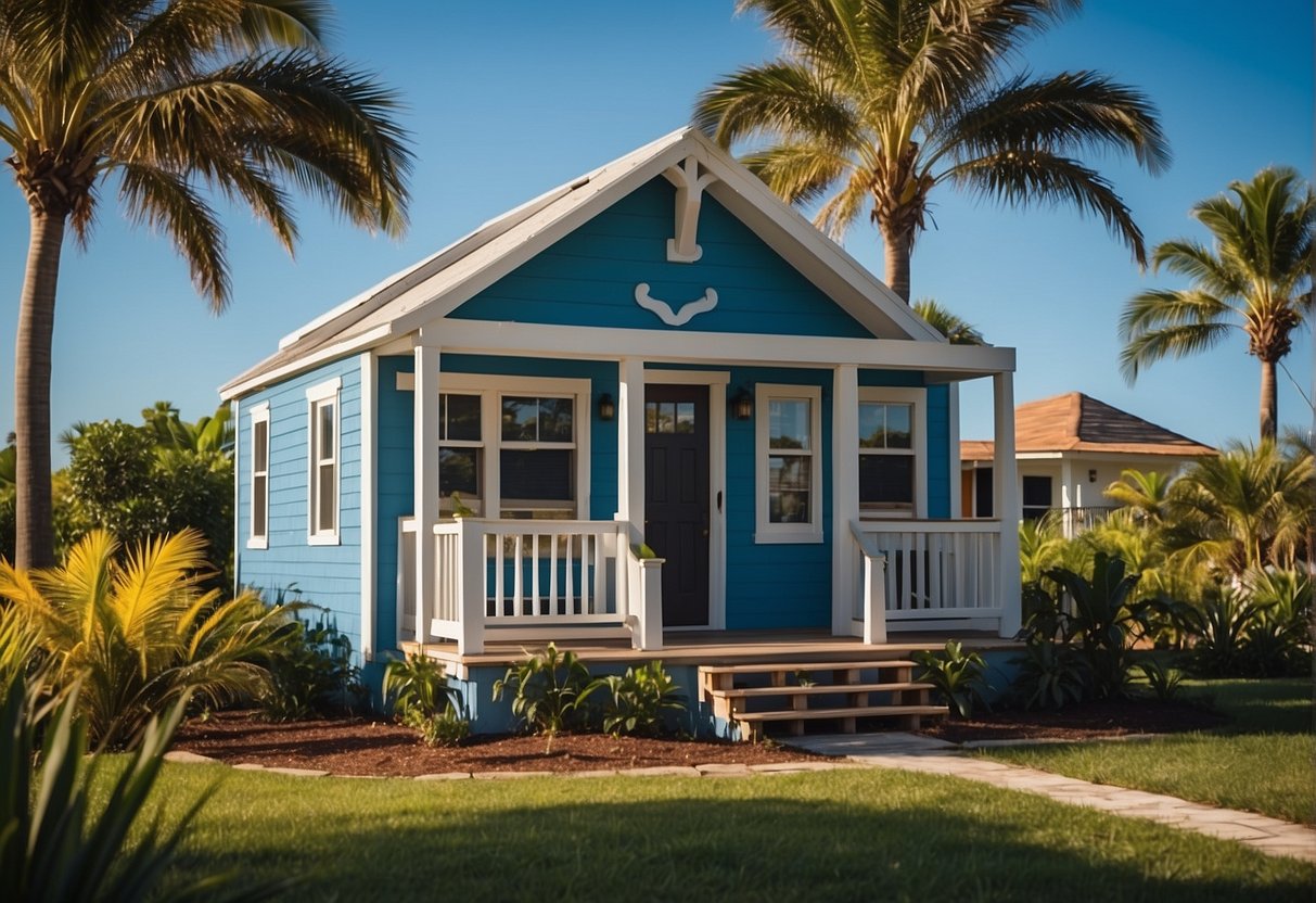 A tiny house sits on a lush green lot in Florida, with a clear blue sky overhead. The house is surrounded by palm trees and features a small porch and colorful exterior